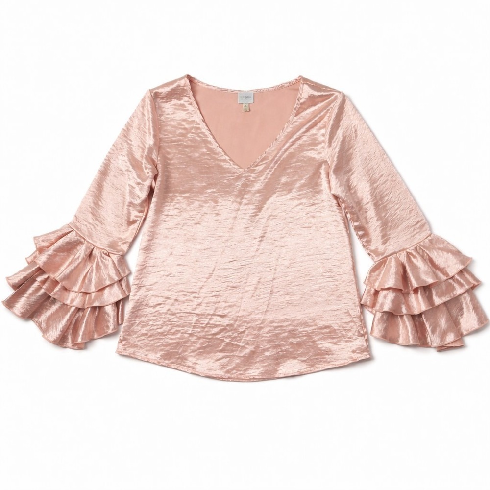 Cupio L Metallic Top Pinkโ Y3K Ruffle Sleeve Blouse Fairy Glam Romantic Ballet